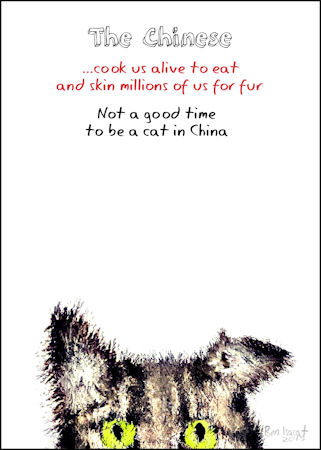 The Chinese cook us alive to eat and skin millions of us for fur.