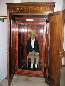 The remains of Jeremy Bentham on display at University College, London